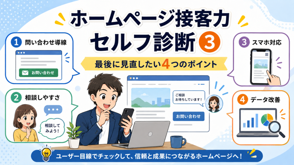 ホームページ接客力セルフ診断③として、問い合わせ導線、相談しやすさ、スマホ対応、データ改善の4つのポイントを紹介するアイキャッチ画像