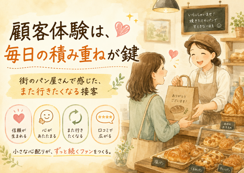 街のパン屋さんで、笑顔の店員さんからパンを受け取るお客さまの様子をやさしいイラストで描き、顧客体験は毎日の積み重ねが鍵であることを表現したアイキャッチ画像