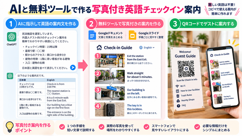 民泊の英語チェックイン案内をAIと無料ツールで作る3ステップの図解。ChatGPTで英語の案内文を作成し、Googleドキュメントやスライドで写真付き案内にまとめ、QRコードから外国人ゲストに共有する方法を紹介。