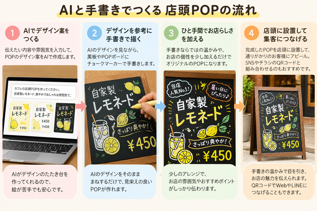 AIで店頭POPのデザイン案を作成し、チョークマーカーで手書きして、お店らしいアレンジを加えて店頭に設置するまでの4ステップを紹介した図解。