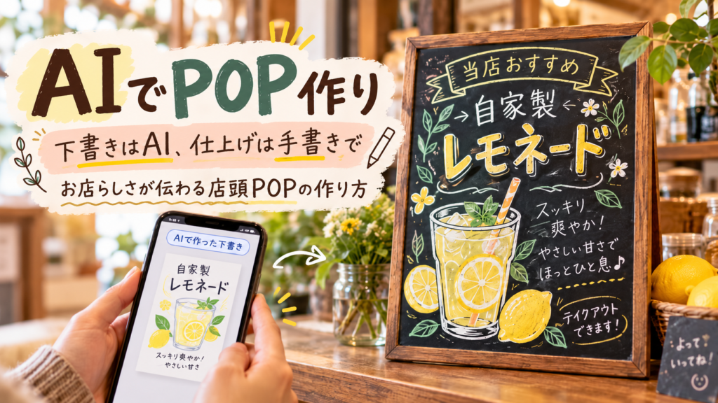 AIで店頭POPのデザインを下書きし、手書きで仕上げる作り方を紹介。カフェの自家製レモネードを例に、お店らしい温かみのある黒板POPを制作するイメージ。