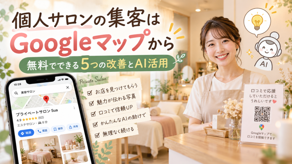 個人サロンのGoogleマップ集客を紹介するイメージ。店舗情報や写真、口コミの整備、AIを使った紹介文作成など、無料でできる5つの改善方法を解説。