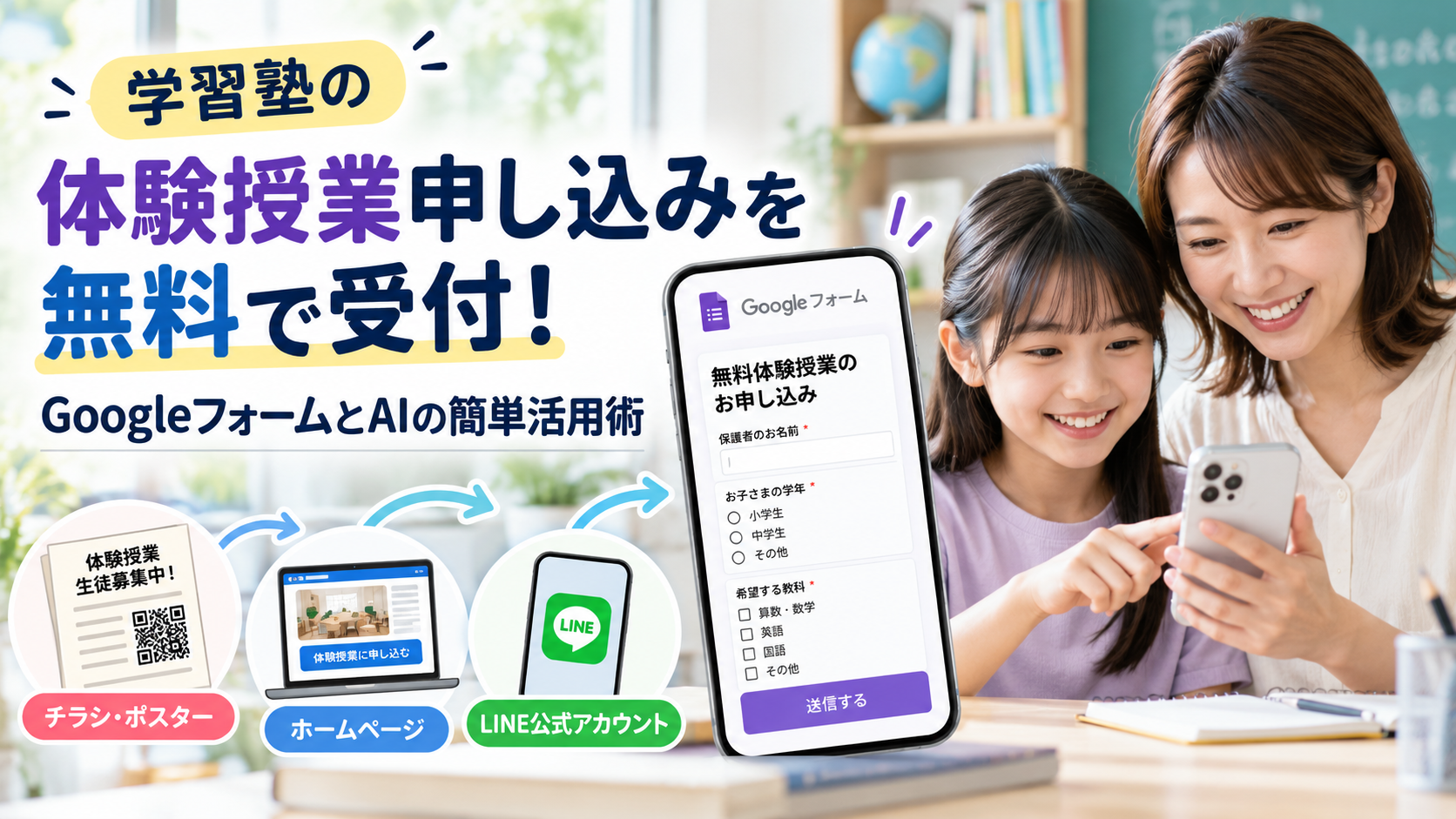 学習塾の無料体験授業をGoogleフォームで受け付ける方法。チラシやホームページ、LINEから申し込みフォームへ誘導し、AIも活用して受付を効率化するイメージ。
