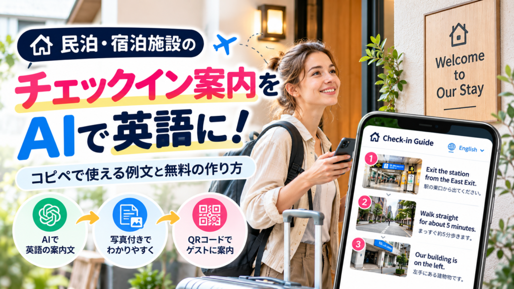 民泊・宿泊施設の英語チェックイン案内をAIで作成する方法。ChatGPTで英語の案内文を作り、写真付きの道順やQRコードを活用して、外国人ゲストにわかりやすく案内するイメージ。