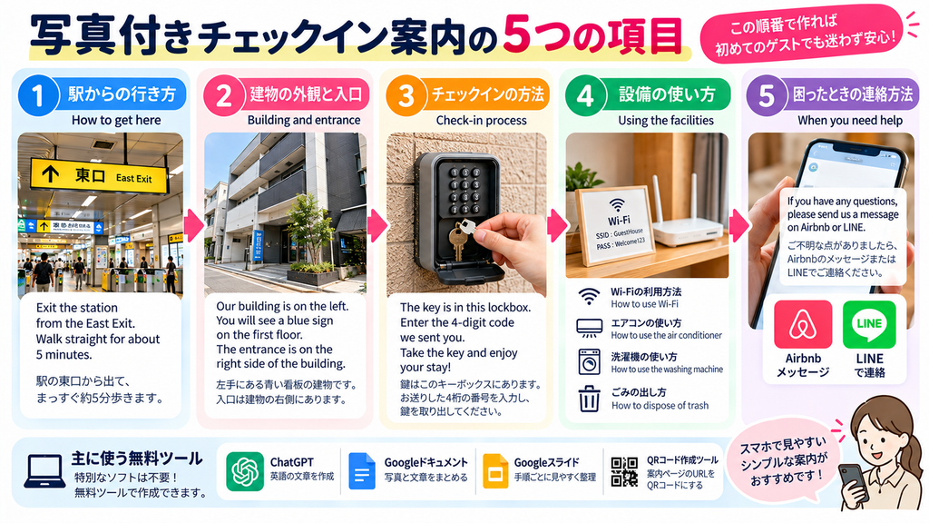 民泊の写真付きチェックイン案内に必要な5項目を紹介した図解。駅からの行き方、建物の入口、鍵の受け取り方法、設備の使い方、緊急連絡先を英語と写真でわかりやすく説明。