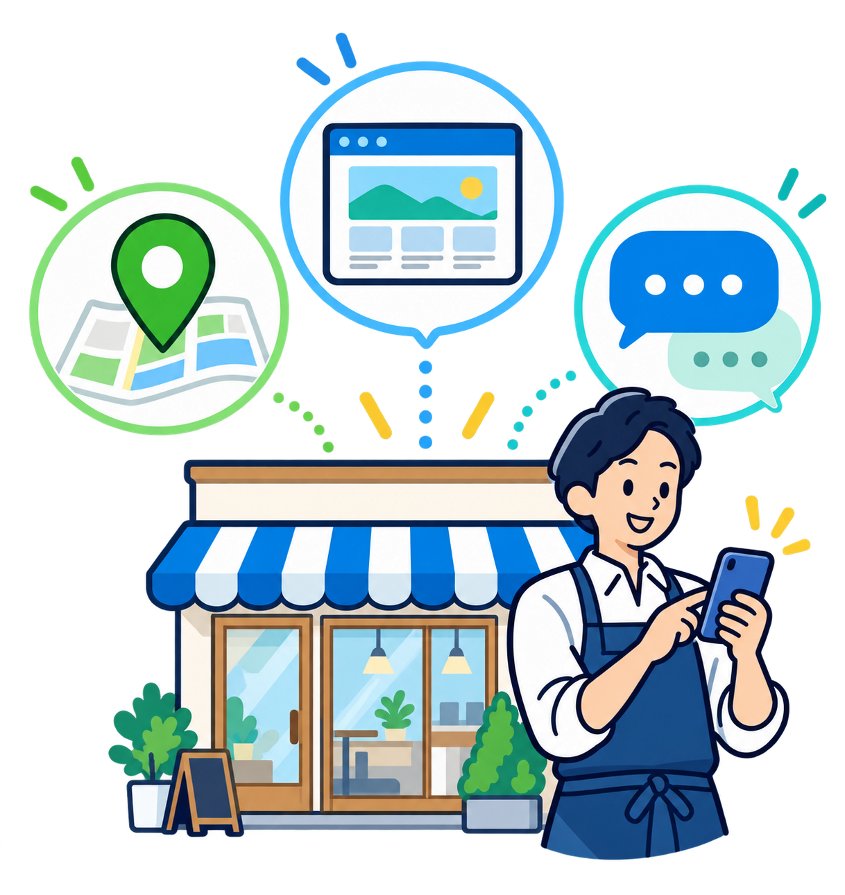 Googleマップ、ホームページ、チャットを活用した店舗向けIT集客支援のイラスト
