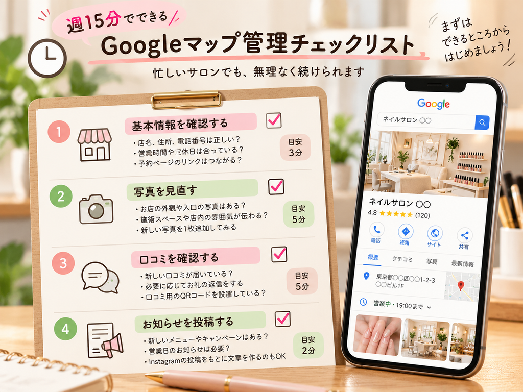 個人サロン向けのGoogleマップ管理チェックリスト。店舗の基本情報確認3分、写真の見直し5分、口コミ確認5分、お知らせ投稿2分の計15分でできる無料の集客改善方法を紹介。