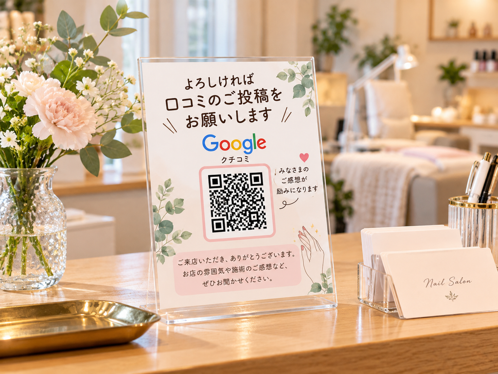 ネイルサロンの受付カウンターに設置したGoogle口コミ投稿用QRコードの案内カード。来店客がスマートフォンから口コミを投稿できるよう、自然に案内する設置例。