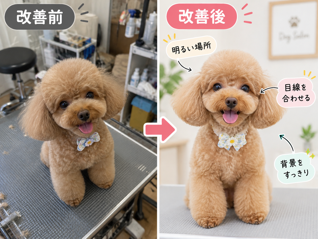 トリミングサロンで撮影したトイプードルの写真を改善前後で比較。明るい場所で犬の目線に合わせ、背景をすっきりさせることで、スマホでもかわいく撮影できるコツを紹介。