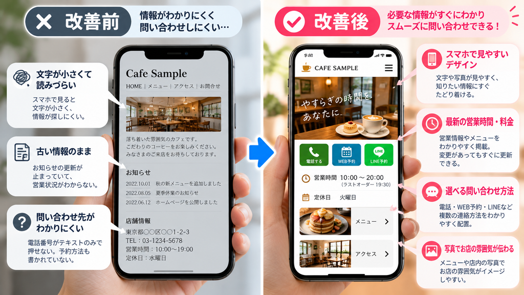 店舗ホームページの改善前後をスマートフォン画面で比較した図解。小さな文字や古い情報、わかりにくい問い合わせ先を改善し、営業時間・料金・電話・Web予約・LINEを見やすく配置する方法を紹介。