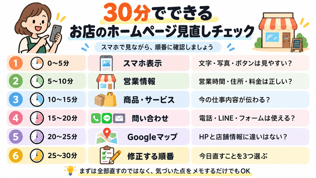 店舗ホームページを30分で見直す6項目のチェックリスト。スマホ表示、営業時間・料金、商品・サービス、問い合わせ、Googleマップ、修正の優先順位を各5分で確認する方法を紹介。