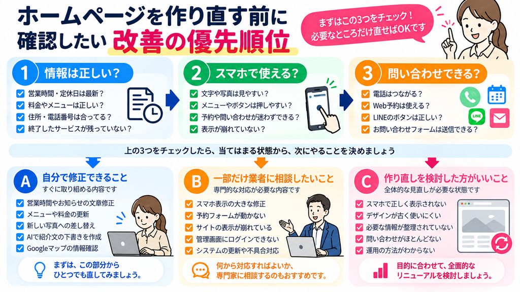店舗ホームページを作り直す前に確認したい改善の優先順位を解説した図解。情報の正確さ、スマホ表示、問い合わせ機能を確認し、自分で修正する項目、専門業者に相談する項目、全面改修が必要な場合を整理。