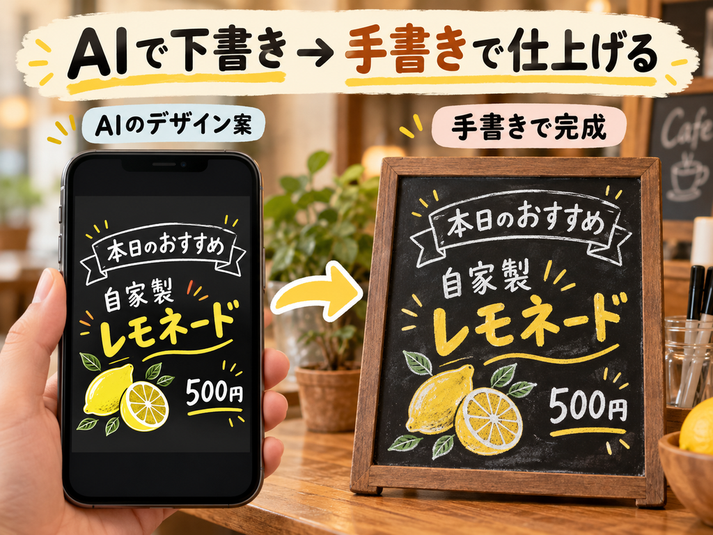 AIで作成したカフェの店頭POPデザイン案と、それを参考にチョークマーカーで手書きした黒板POPの比較。自家製レモネードの案内を例に紹介。
