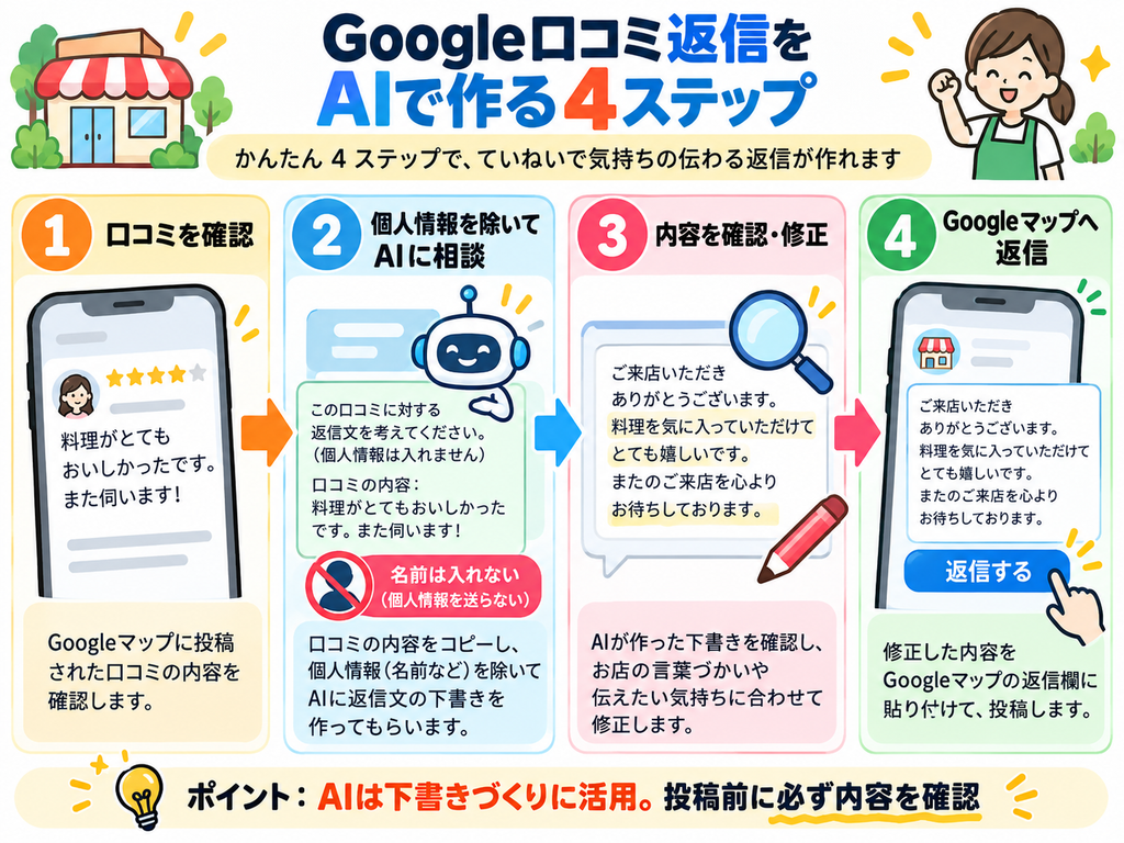 Google口コミへの返信文をAIで作成する4ステップの図解。口コミ確認、個人情報を除いたAIへの相談、返信文の確認・修正、Googleマップへの投稿までを解説。
