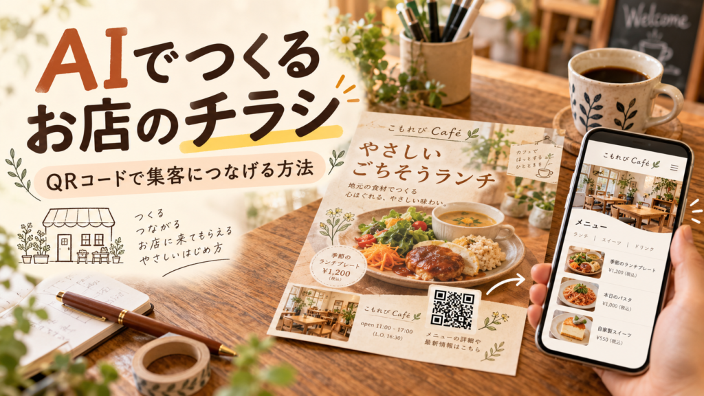 AIで作成したカフェの集客チラシと、QRコードからスマートフォンのメニュー紹介ページへ誘導する活用例。個人店でも簡単にできるチラシ作成とWeb集客のイメージ。