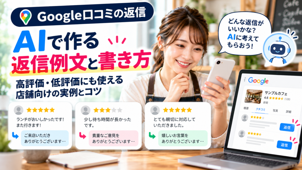 Google口コミへの返信例文をAIで作成する方法を紹介。飲食店などの店舗オーナー向けに、高評価・低評価への自然な返信の書き方や、ChatGPTを活用して返信文を考えるコツを解説。
