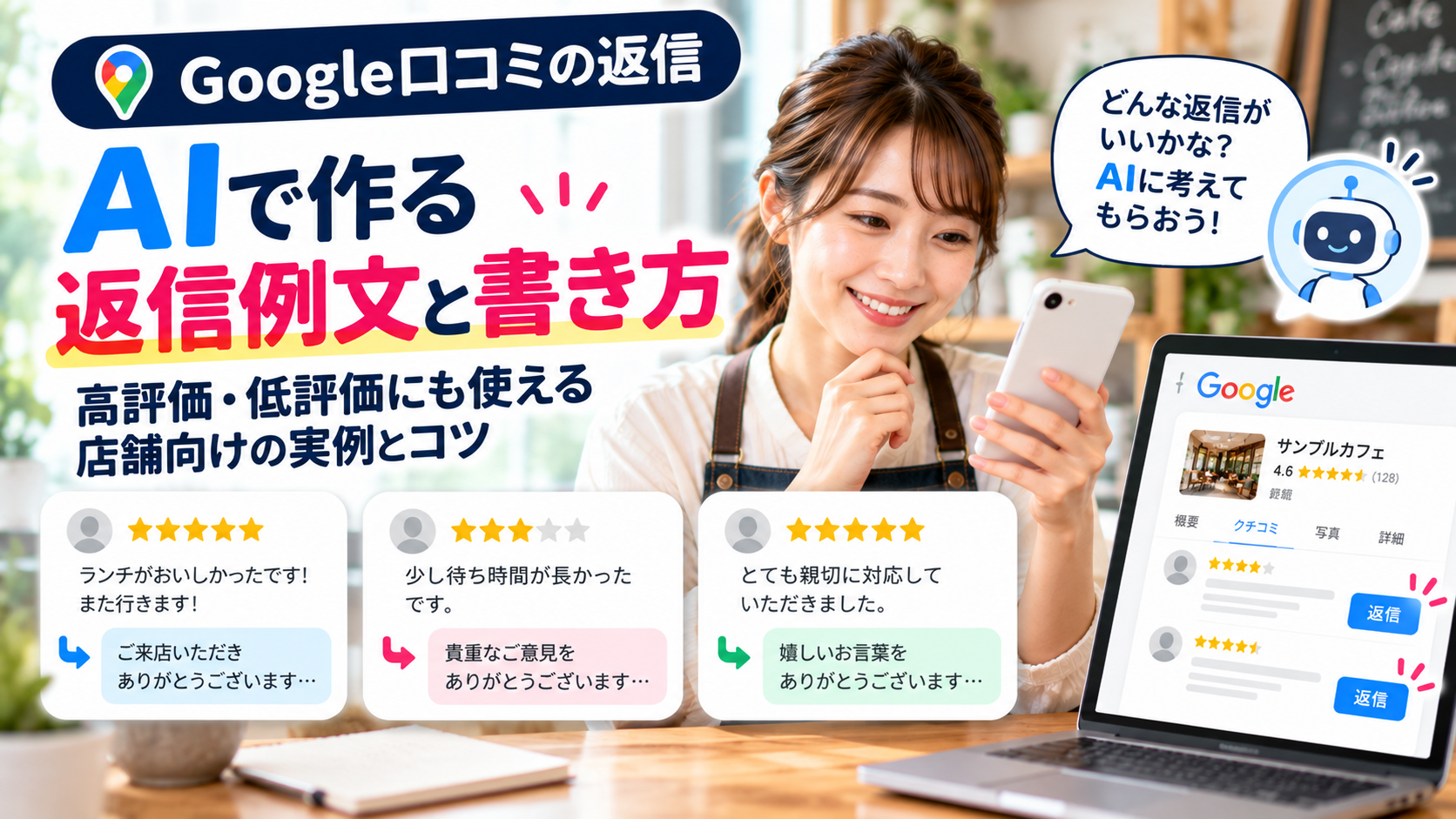 Google口コミへの返信例文をAIで作成する方法を紹介。飲食店などの店舗オーナー向けに、高評価・低評価への自然な返信の書き方や、ChatGPTを活用して返信文を考えるコツを解説。