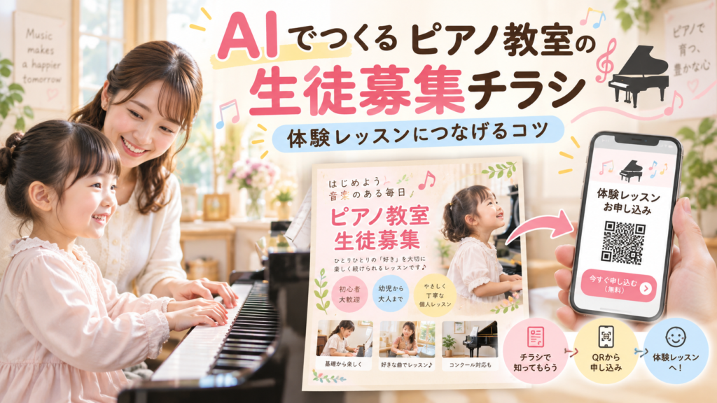 AIを活用したピアノ教室の生徒募集チラシの作り方を紹介。ピアノを習う子どもと先生の様子を背景に、チラシ作成からQRコードを使った体験レッスンの申し込みまでの流れを表現。