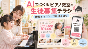AIを活用したピアノ教室の生徒募集チラシの作り方を紹介。ピアノを習う子どもと先生の様子を背景に、チラシ作成からQRコードを使った体験レッスンの申し込みまでの流れを表現。