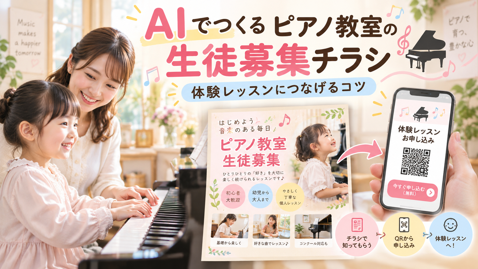 AIを活用したピアノ教室の生徒募集チラシの作り方を紹介。ピアノを習う子どもと先生の様子を背景に、チラシ作成からQRコードを使った体験レッスンの申し込みまでの流れを表現。