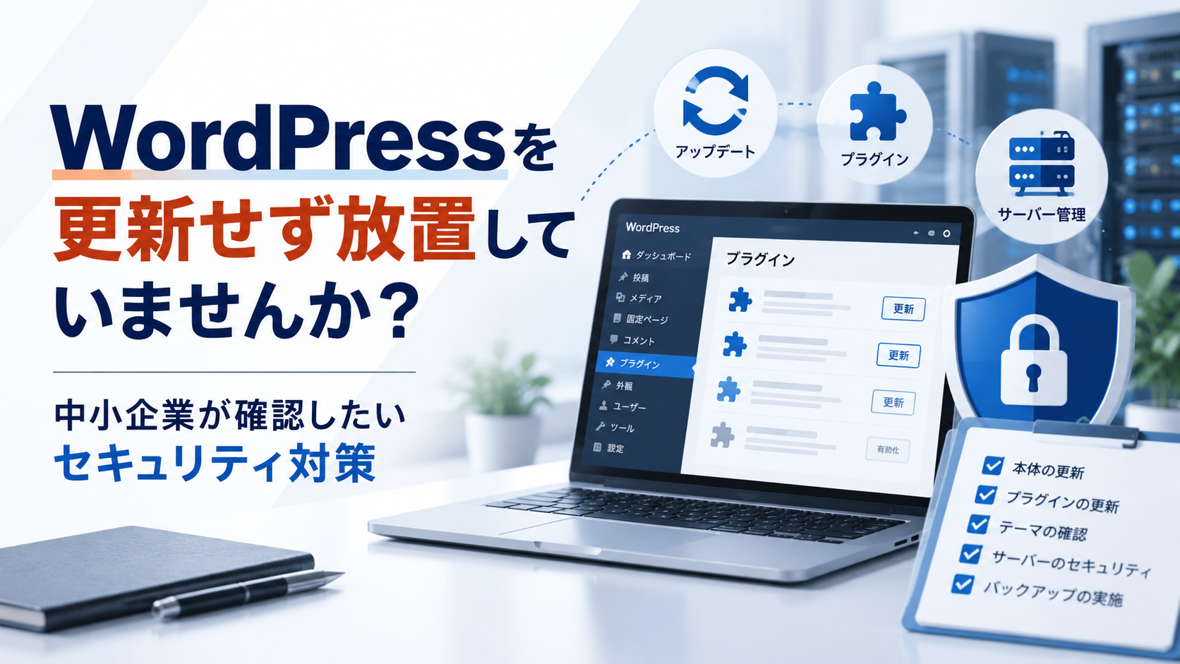 WordPressを更新せず放置するリスクと、中小企業が確認したいセキュリティ対策を紹介するアイキャッチ。WordPress本体やプラグインの更新、テーマの管理、サーバーのセキュリティ、バックアップの重要性を表現。