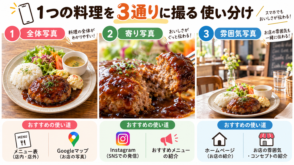 飲食店のハンバーグランチをスマホで3通りに撮影した比較図。料理全体の写真はメニュー表やGoogleマップ、料理のアップ写真はInstagram、店内の雰囲気を含む写真はホームページに活用する方法を紹介。