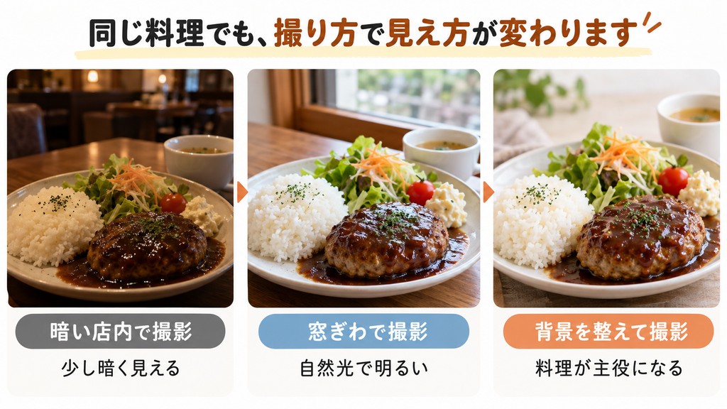 飲食店のハンバーグランチをスマホで撮影した3パターンの比較。暗い店内、自然光が入る窓際、背景を整理した状態での料理写真の違いと、おいしそうに撮るコツを紹介。