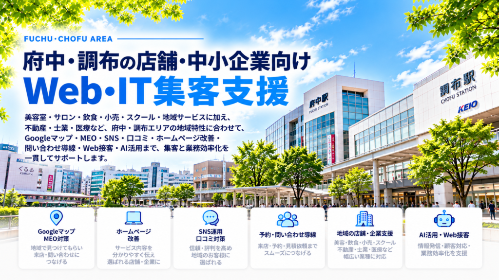 府中・調布の店舗・中小企業向けWeb・IT集客支援｜美容・飲食・小売・スクール・MEO・SNS・AI活用
