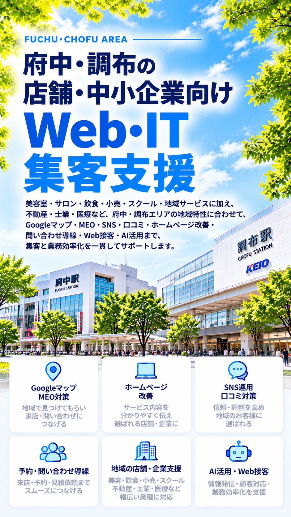 府中・調布の店舗・中小企業向けWeb・IT集客支援｜美容・飲食・小売・スクール・MEO・SNS・AI活用
