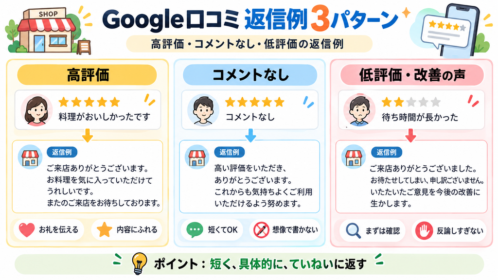 Google口コミへの返信例文を高評価・コメントなし・低評価の3パターンで比較した図解。店舗オーナー向けに、お礼の伝え方や低評価への適切な返信方法を紹介。