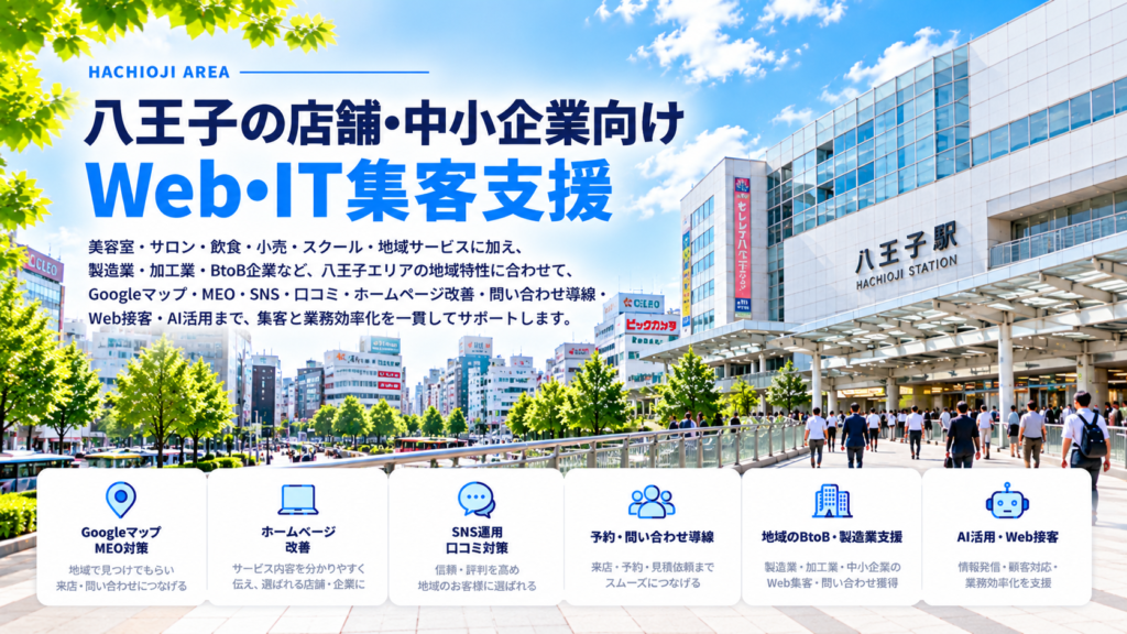 八王子の店舗・中小企業向けWeb・IT集客支援｜美容・飲食・小売・製造業・BtoB・MEO・AI活用