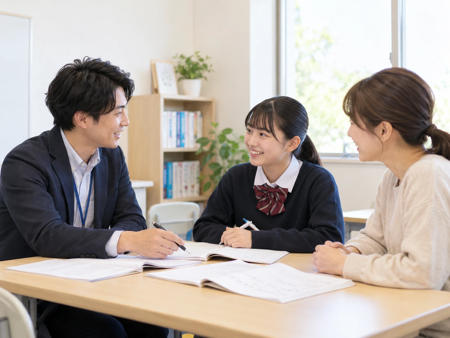 生徒と保護者に学習状況を共有する面談イメージ