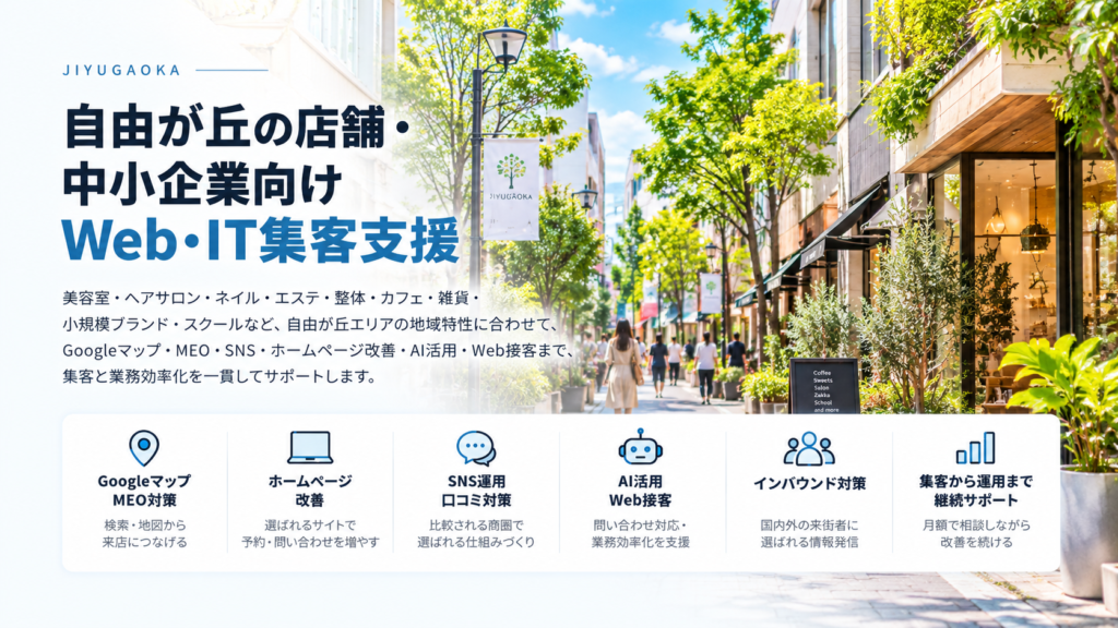 自由が丘の店舗・中小企業向けWeb・IT集客支援｜美容・サロン・カフェ・小売・MEO・SNS・AI活用