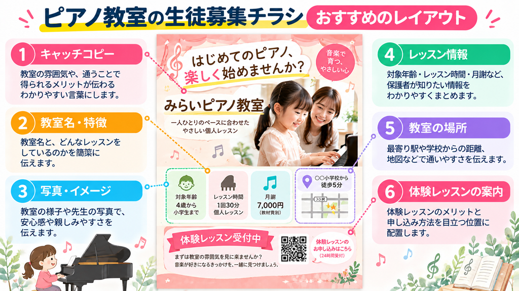 ピアノ教室の生徒募集チラシにおすすめのレイアウトを紹介した図解。キャッチコピー、教室名・特徴、写真、対象年齢・月謝・レッスン時間、教室の場所、体験レッスンのQRコードなど、保護者に伝わる6つの掲載ポイントを解説。