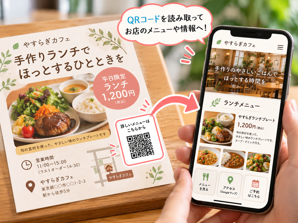 飲食店のチラシとGoogleマップ・Web案内ページを組み合わせた集客活用例。チラシのQRコードからスマートフォンでランチメニューや営業時間、店舗へのアクセス、予約情報を確認できる仕組みを紹介。