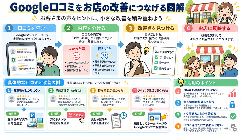 Google口コミを店舗改善につなげる流れをまとめた図解。口コミを読み、良かった声と困りごとに分け、改善点を見つけてお店に反映する手順と、駐車場案内・予約方法・待ち時間改善などの具体例を紹介。