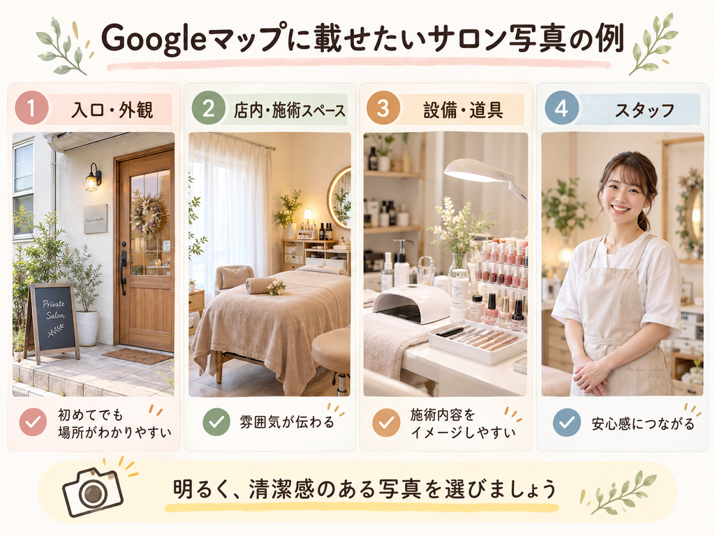 個人サロンのGoogleマップに掲載したい写真の4つの例。店舗の入口・外観、店内の施術スペース、設備・道具、スタッフの写真を紹介し、初めてのお客さまに安心感を伝えるポイントを解説。