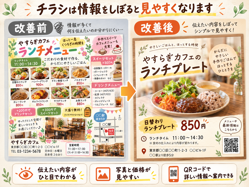 飲食店のチラシデザイン改善前後の比較。情報を詰め込んだチラシと、AIを活用して料理写真・価格・営業時間・QRコードを見やすく整理したチラシの違いを紹介。