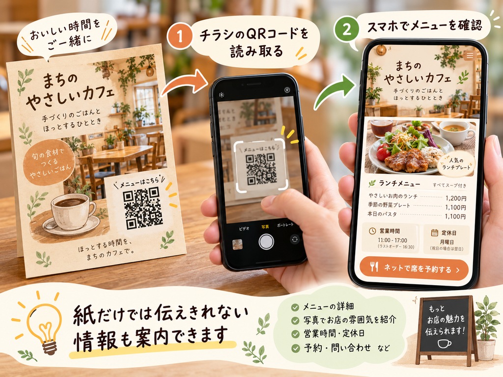 カフェのチラシに掲載したQRコードをスマートフォンで読み取り、ランチメニューや営業時間、予約情報を確認する流れを紹介した図解。